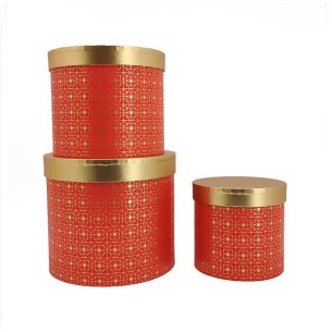 SET 3 SCATOLE ROUND ROSSE QUADRI ORO grande 20x17.5 small 14 h12.5 2