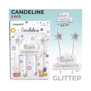 CANDELINE BUON C. GLITTER ARG. 3 PZ. H 14 cm