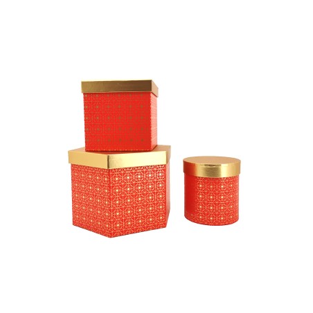 SET 3 SCATOLE ROSSE RIQUADRI DORATI grande 22.5x20h15 small 12.5x12.5