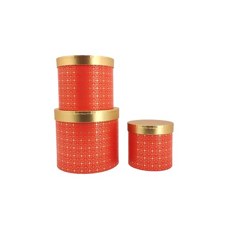 SET 3 SCATOLE ROUND ROSSE QUADRI ORO grande 20x17.5 small 14 h12.5