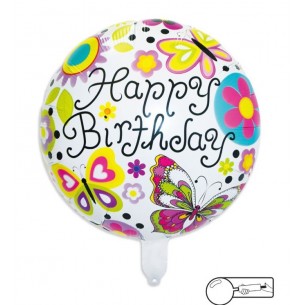 MYLAR HAPPY BIRTHDAY  FARFALLINE E FIORI  CM 45