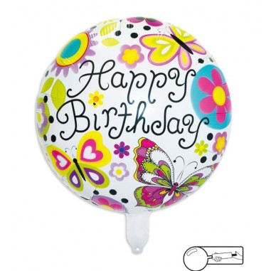 MYLAR HAPPY BIRTHDAY  FARFALLINE E FIORI  CM 45