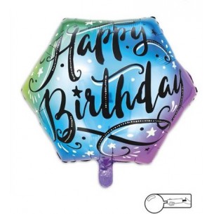MYLAR HAPPY BIRTHDAY  ESAGONALE CELESTE  FIORI  CM 45