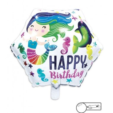 MYLAR HAPPY BIRTHDAY  ESAGONALE SIRENETTA FIORI  CM 45